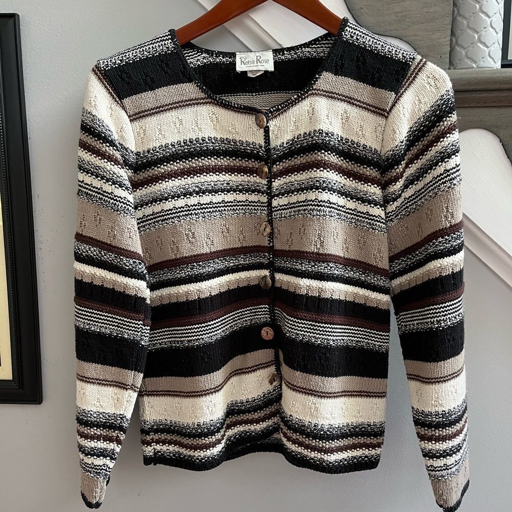 Reba Rose Neutral Stripe Heavy Knit Cardigan Sweater sz S EUC
